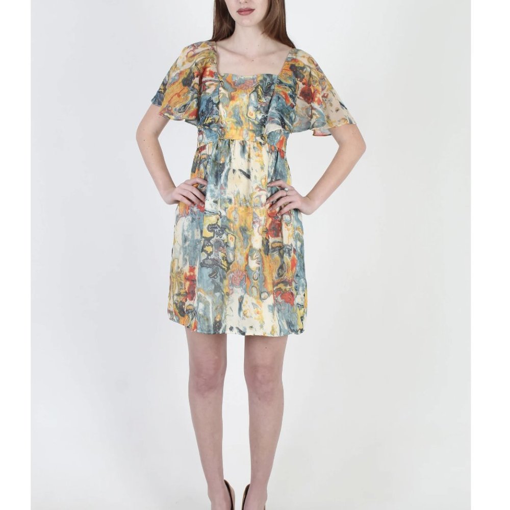 Genuine 1970s Watercolor, Flutter-sleeve, Mini-dress in Teal & Orange